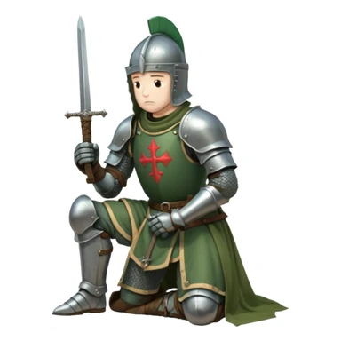 A lone medieval knight in a green worn armor kneels. His helmet is closed, hiding his face, conveying silence, exhaustion and contemplation. A long sword is planted in the ground beside him, its hilt resting near his gloved hands as if he is praying or resting after battle. sticker