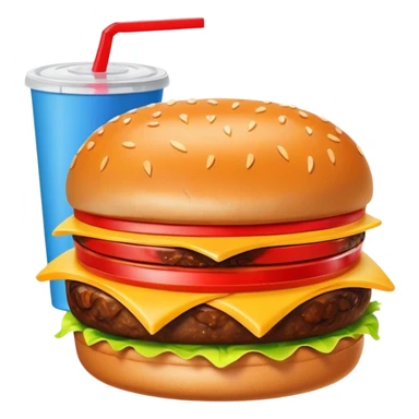 A clean and simple icon of fast food in emoji-style illustration. A burger with fries and a soda cup, bright and bold colors, simple shapes, flat design, high contrast, inviting and appetizing. sticker