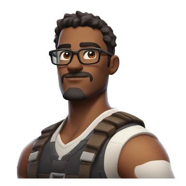  A tall, bespectacled, muscular and strong young man, deep-set eyes, round face, with dark brown hair and White skin tone, portrayed in the style of a Fortnite character rederend in the style of a fortnite charactere sticker