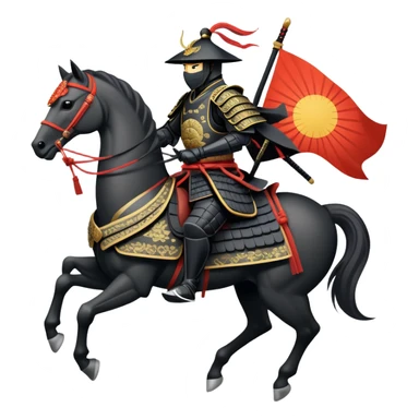 clash-of-clans-aesthetic_-cinematic-fearsome-and-majestic-samurai-bust-portrait-emoji, rendered in a flat, vector-style with minimal shading and bold, simplified shapes typical of emoji art, depicting a battle-hardened samurai with black mask and traditional black Japanese armor. The samurai is riding a noble grey warhorse adorned with an intricately designed saddle and fluttering banners and a rising sun. a zoomed in samurai riding on a  horse sticker