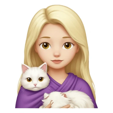 a girl with long blonde hair and a white fluffy cat draped over her left shoulder, emoji style sticker
