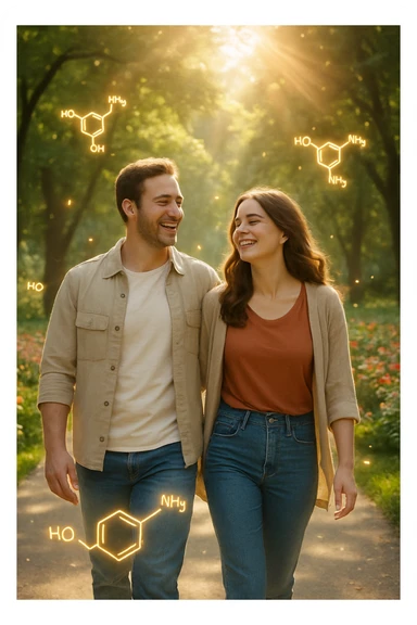 a smiling man and woman walk together along a sunlit park path, surrounded by green trees and blooming flowers. Sunbeams gently illuminate their faces, and subtle, glowing dopamine symbols float around them, symbolizing natural, healthy pleasure. The mood is uplifting and serene. sticker