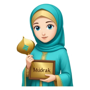 Turkish beautiful finish Konya girl blue eyes with gold hijab and islamic long tailed turquoise dress on the ground at garden and had on her hand text Eid Mubarak  sticker
