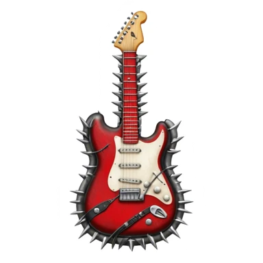 Create a powerful and dynamic humanless emoji representing rock vocals. The design should feature a classic vintage microphone with a rugged, distressed look, surrounded by elements like a guitar pick, electric guitar neck, and sound waves to reflect the raw energy of rock music. Add subtle details such as a spiked bracelet, leather textures, or bold lightning bolts to evoke the rebellious and intense spirit of rock. Use dark, edgy colors like black, red, silver, and metallic accents to emphasize the fierce, loud, and passionate nature of rock vocals. The background should be transparent. sticker