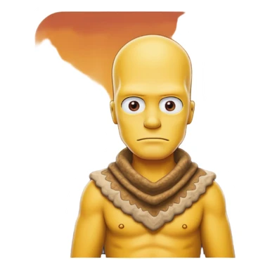 a simpson guy wearing ancient animal skin cloth with volcano behind, half body, icon sticker