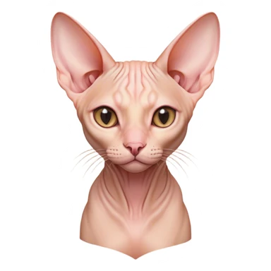 Cinematic Noble Sphynx Cat Portrait Emoji, Poised and regal, with smooth, hairless skin in warm peach and soft pink tones, striking large ears and intense almond-shaped eyes, Simplified yet sharp and sophisticated features, highly detailed, glowing with a soft, dignified glow, high shine, intelligent and graceful, stylized with an air of elegance, focused and attentive, soft glowing outline, capturing the essence of a watchful and refined feline, so majestic it feels as though it could glide across the screen with effortless confidence! sticker