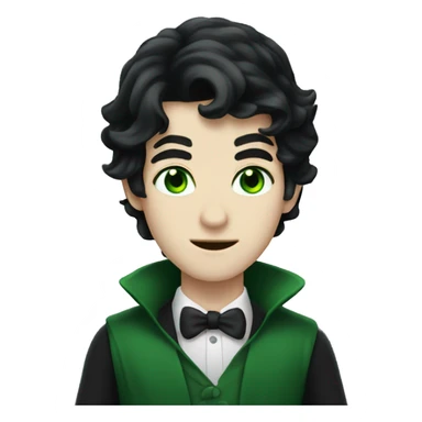 teenage white-skinned magician with black hair, green eyes in dark green disguise sticker