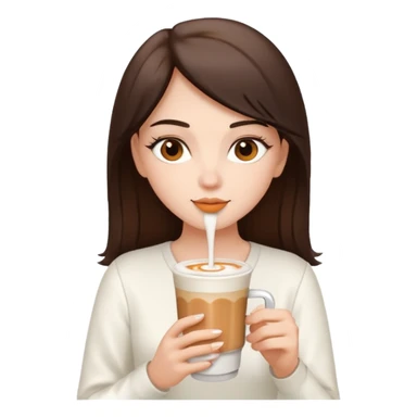 white brunette with brown eyes and a white outfit, drinking a caramel machiatto sticker