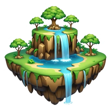 a 2d smooth not too dertailed cartoon floating island emoji with waterffalls of the sides sticker