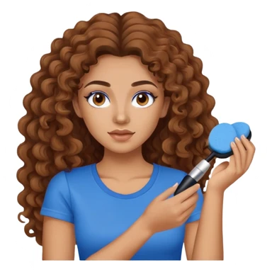 Mujer con cabello marrón, largo y rizado. Morena. Con remera azul y colocandoce polvo de maquillaje con una esponjita de maquillaje marron sticker