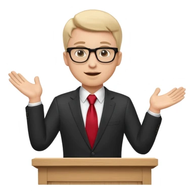 A professional clean-shaven man in a dark business suit and red tie standing behind a podium, confidently delivering a speech. Hands slightly open in a welcoming gesture, soft studio lighting, neutral dark background, friendly facial expression, glasses, elegant and corporate look. sticker