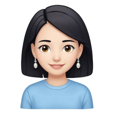  emoji of a smiling girl with a long bob haircut in black-brown color, fair tan skin, soft black eyebrows, and brown eyes. She's wearing a pastel blue shirt, has pearl earrings, and white clean hair clips. Her look is fresh and minimal clean girl aesthetic. Use a white background, sticker