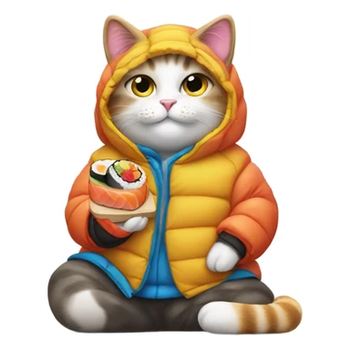 cat wearing a puffy jacket eating sushi sticker