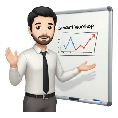 Professional 35-year-old man with black wavy hair, stubble, strong jawline, white skin tone, wearing smart casual business attire, standing in front of a diverse group, facilitating an interactive leadership workshop with whiteboard and participants sticker