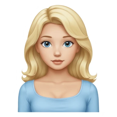 pretty girl blonde soft wavy long hair middle part makeup light baby blue skin tight square neckline long sleeve top sticker