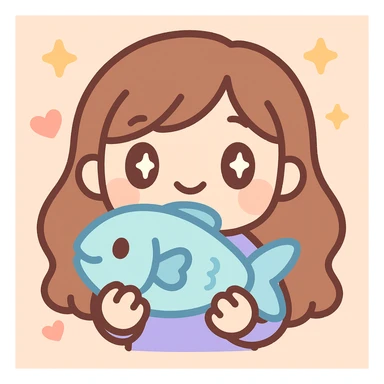 twitch emote of a cute cartoon girl with long brown hair holding a fish, digital art, vibrant colors, expressive face, chibi proportions sticker