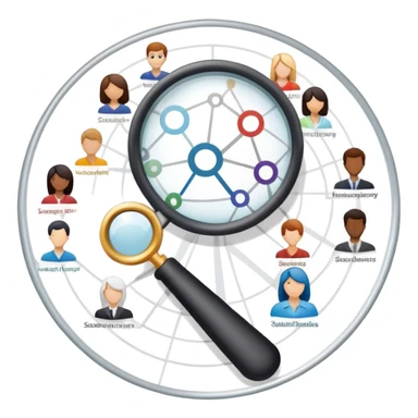 An icon featuring a group of diverse people, a social network diagram, and a magnifying glass, symbolizing sociology. The design includes charts and interconnected lines, representing the study of societies, relationships, and social behavior. Transparent background highlights social analysis. sticker