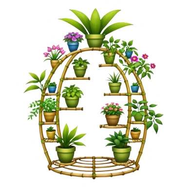 Very Large alien-futuristic multi-tier multi-level curved plant rack, which holds thirty-five plants, constructed from 7/8ths of an inch thin vining bamboo poles  sticker