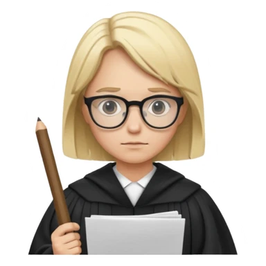 Young judge, blonde hair with glasses and robe, hold a paper sticker