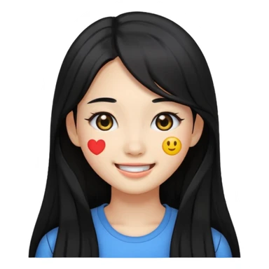 pretty girl with Korean features, black long hair, black eyes, emoji style sticker