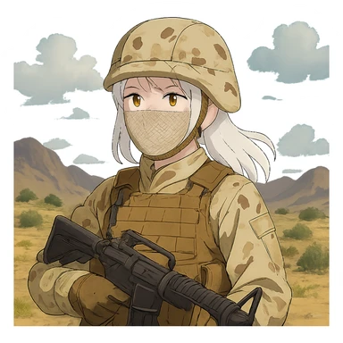 1 female, US soldier in afghanistan, 2010's era, she is wearing tan desert camo and a plate carrier with an m-16, gold yellow eyes, white hair, face covered sticker