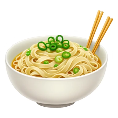 Shanghai Scallion Oil Noodles with green onion topping, simplified emoji style with bold outlines and bright colors, cartoon style simple Cong You Ban Mian sticker