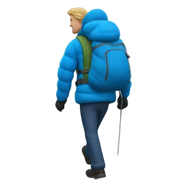 A man hiking up a hill with a bag on and a blue puffer coat  sticker