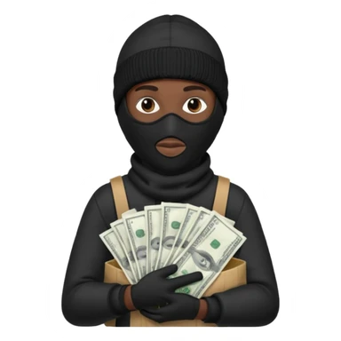 Black Ski mask holding bags of money with  skin color black sticker