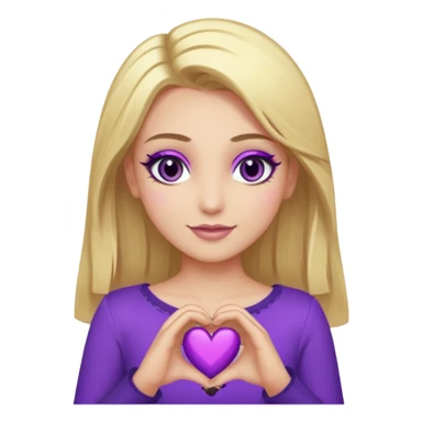 twitch emote, kinda chibi style. blonde hair: long, straight, no bangs. gray eyes. an eyebrow with a slit. purple eyeshadow/eyeliner with gold eyeshadow. only face and arms, hands visible. happy, holding a purple heart. white background. sticker