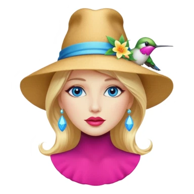 bust woman long blonde hair blue eyes white skin with hummingbird hat and nectar glow lips sticker