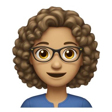 A fair-skinned girl, wearing blue plastic glasses, her hair is curly, she has a beautiful smile, and her left eyebrow is slit. She has dark hazel eyes, her hair is brown and curly, and she wears an olive-coloured blouse sticker