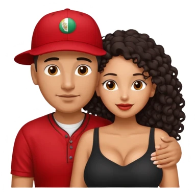A picture of an embracing tanned couple. the man is a Mexican man with tanned skin, with a bald hair cut wearing a red baseball hat and wearing a black shirt. the woman is mixed, with glasses,  with long curly dark brown hair and with big boobs. Remove the glasses from the guy sticker