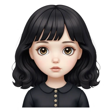 a very pale sad feminine white girl with medium length black wavy hair with bangs with big light brown eyes looking like a porcelain doll with black clothes sticker