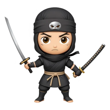 A takeout coffee cup with cartoon eyes, a ninja headband around its lid, and holding a katana in a battle stance sticker
