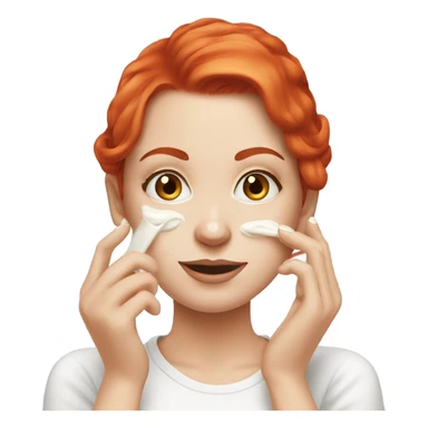Bright red hair white girl applying cream on face sticker