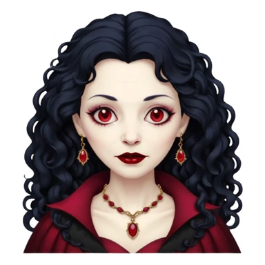 old Vampire lady Pale queen with ruby necklace, curly black long hair sticker