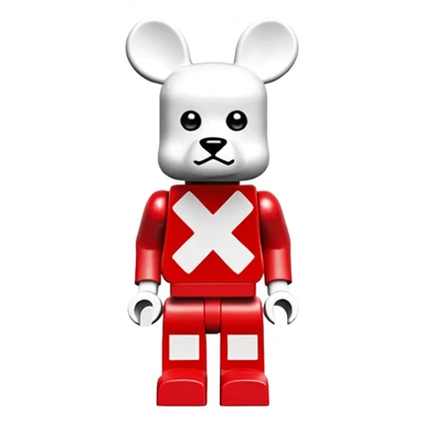 Lego bearbrick with X crosses for eyes, big ears, oversized boots, long limbs, exaggerated proportions, blocky Lego style sticker