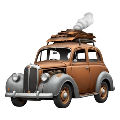 Side view of a broken-down old car with steam from the open bonnet, shattered windows, rusted doors, a flat tire, dents, peeling paint, and a grimy, neglected look. sticker