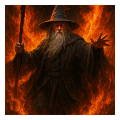 Gandalf wizard surrounded by fire, epic pose, cinematic fantasy, vibrant colors sticker