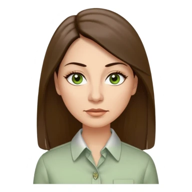 43 year old Adult woman avatar, light skin tone, long, oval face, long straight ashy brown hair, green almond-shaped eyes with dramatic eyelashes and minimal eyeliner, neutral mouth, medium straight eyebrows, average nose, smooth skin,  seersucker collared button down shirt sticker