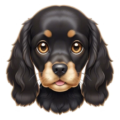 Cinematic Cute Black Cocker Spaniel Portrait Emoji, Head tilted playfully and inquisitively, featuring a glossy black coat with delicate tan accents, round, sparkling dark eyes brimming with curiosity, Simplified yet irresistibly adorable features, highly detailed, glowing with a warm, friendly glow, high shine, affectionate and lively, stylized with a touch of whimsy, bright and endearing, soft glowing outline, capturing the essence of a mischievous yet loving pup, so playful it feels like it could bound out of the screen and into your arms! sticker