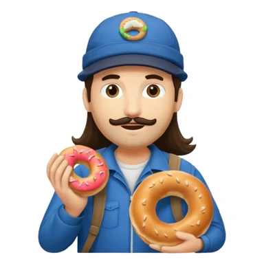 tourist brunette long hair man with cap holding bagel sticker