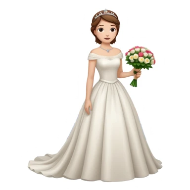 Chica blanca,cuerpo entero, vestido boda cuello barco y , pelo castaño,   1 ramo de flores , pelo recogido con tiara, cola por la parte de atrás del vestido sticker