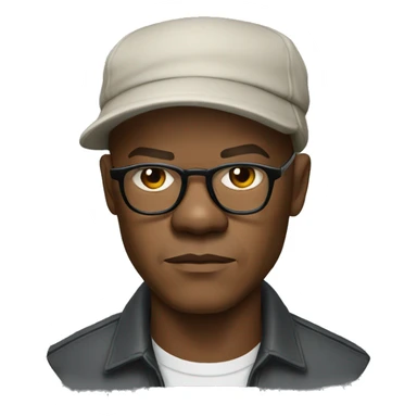 bald samuel l jackson serious wearing shirt and backwards Kangol sticker