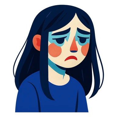 pale girl with long black hair, sadness, emotional, stylized vibrant toon style sticker