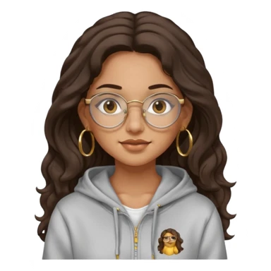 Make a girl with dark brown wavy hair and brown eyes she's tan latina and she has clear glasses and small hold hoop earings make her hair longer and her a hoodie sticker