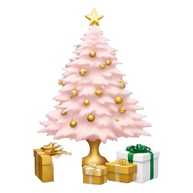 light pink christmas tree with white pot and presents underneath and star and white and gold ornaments sticker
