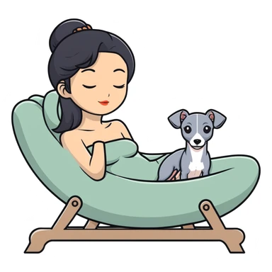 Very thin Chinese woman with long black hair relaxing on a spa lounger with exactly ONE Italian greyhound. CRITICAL REQUIREMENT: the dog must be ONLY ONE SOLID GREY COLOR from nose to tail with NO WHITE or LIGHT AREAS anywhere - NO white face, NO white muzzle, NO white chest, NO white paws, NO white tail tip - NOTHING BUT A SINGLE SHADE OF GREY throughout the entire animal sticker