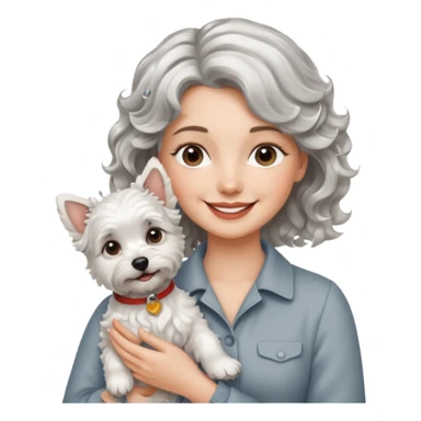 silver, short, wavy-haired with loose curls, smiling pretty lady holding a westie dog sticker