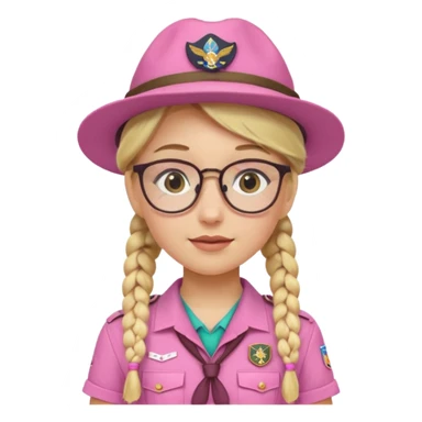scout girl with pink scout uniform including hat, blonde braided haired and glassess sticker